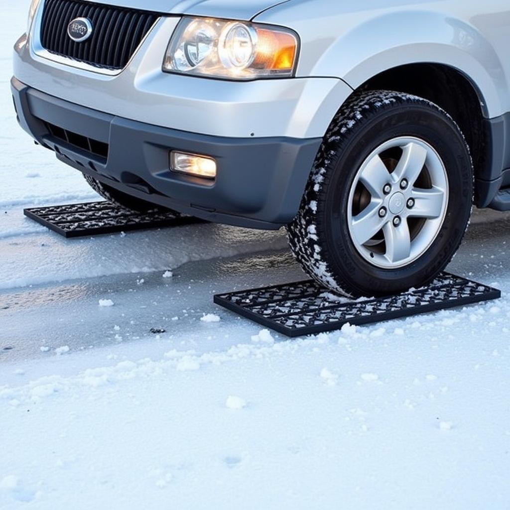 Car tires on traction mats in icy conditions