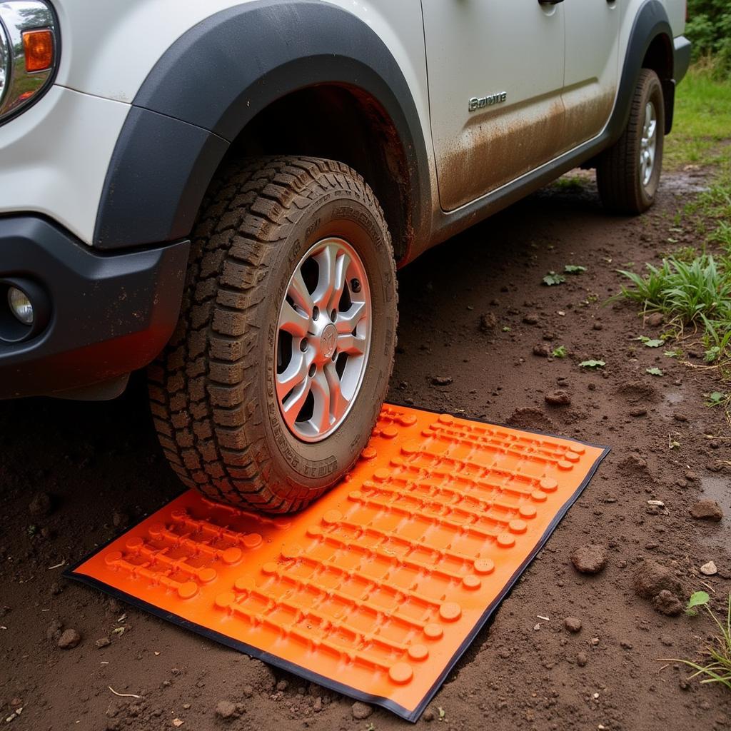 Traction Mats Under Car Tire on Muddy Road