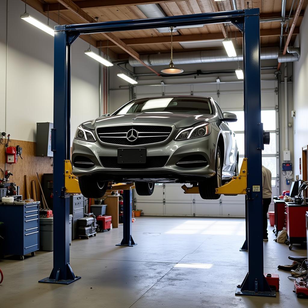 Two Post Car Lift in a Busy Garage