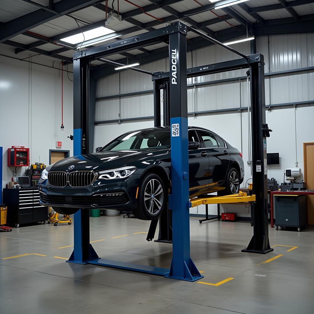 Two-Post Car Lift in a Busy Workshop