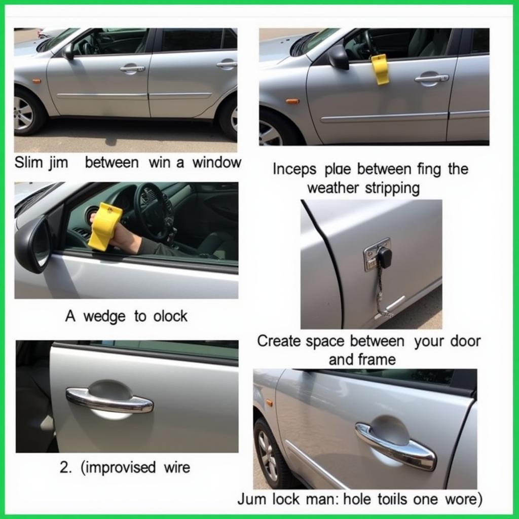 Unlocking a car door with various flat tools - slim jim, wedge, and improvised wire.