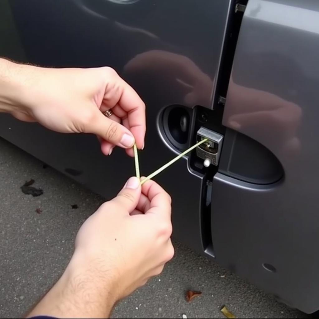 Attempting to unlock a car door with a shoelace