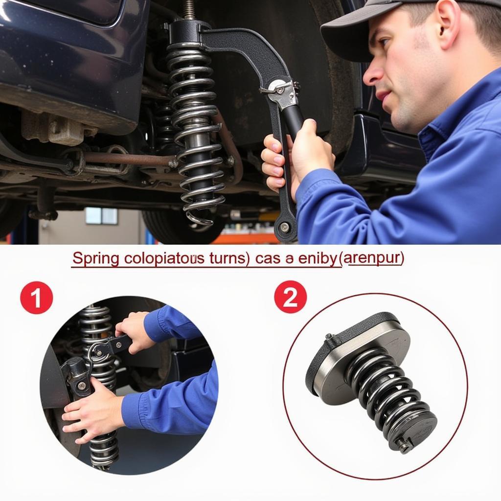 Mechanic Using a US Car Tool Spring Relocation Kit to Compress a Coil Spring