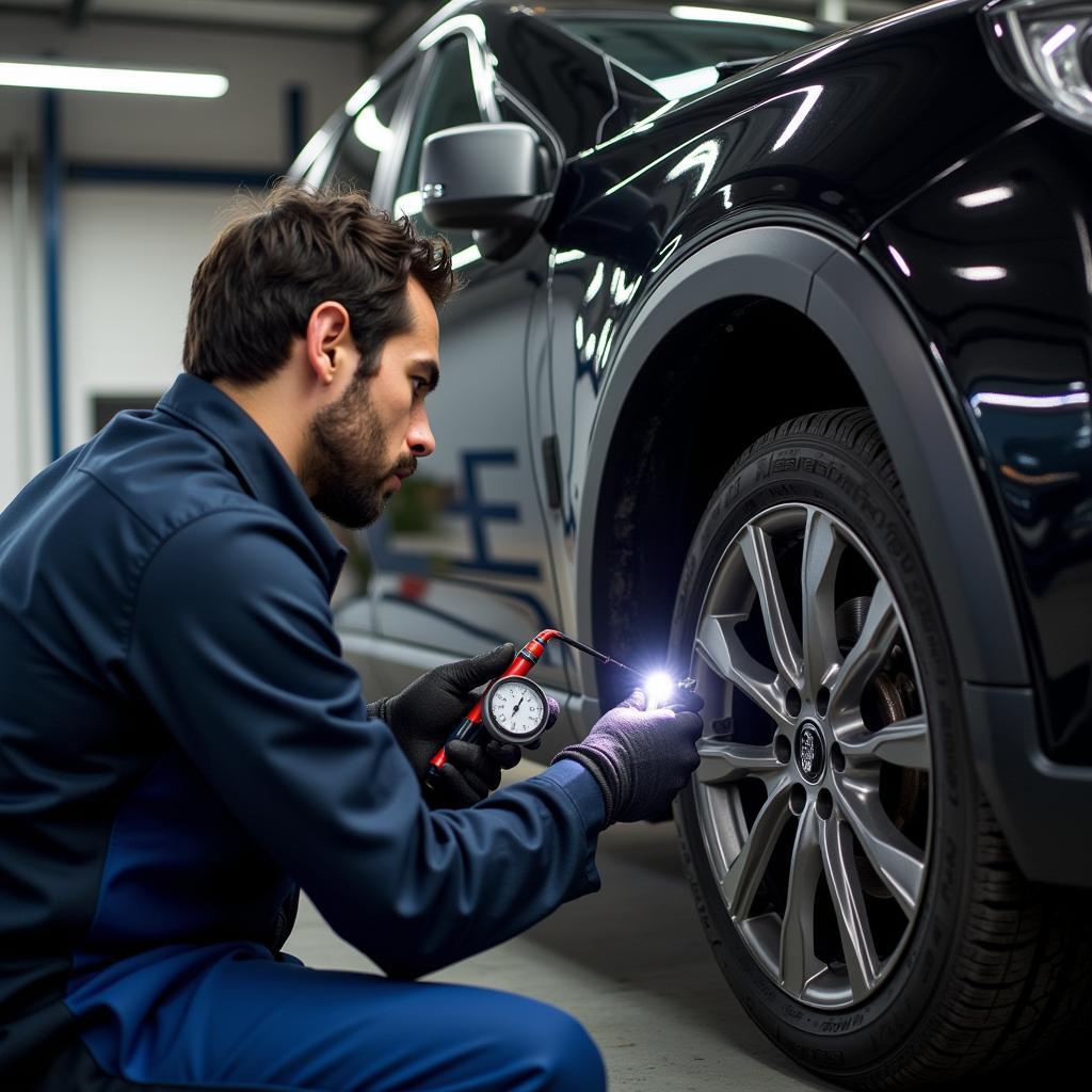 Mechanic Inspecting Used Car with Various Tools