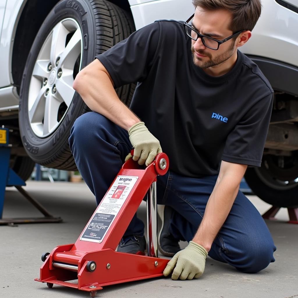 A mechanic using a 4-ton bottle jack safely with jack stands