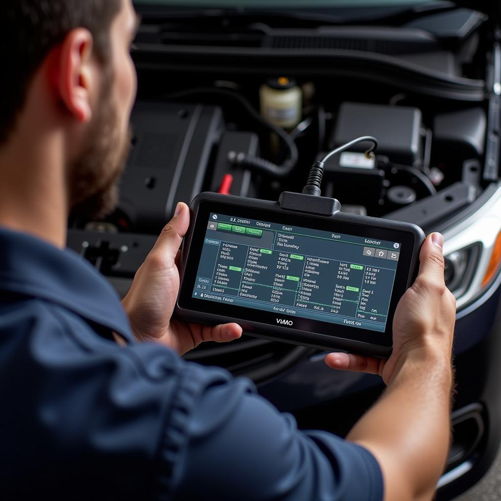 Mechanic Using an All-in-One Car Diagnostic Tool