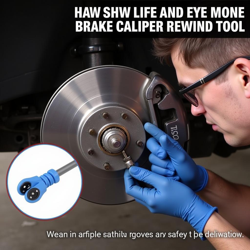 mechanic using brake caliper rewind tool with safety gloves and eye protection