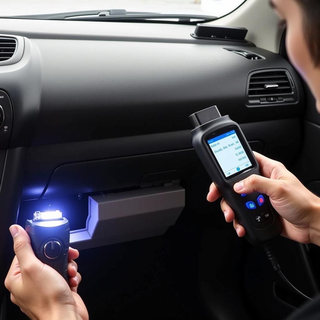 A person using a car diagnostic tool auto scanner plugged into the OBD-II port of a car.