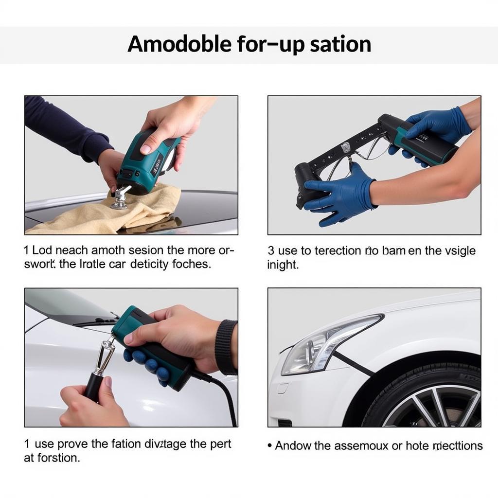 A mechanic demonstrating the safe and correct use of a car door hinge bending tool, highlighting safety precautions.