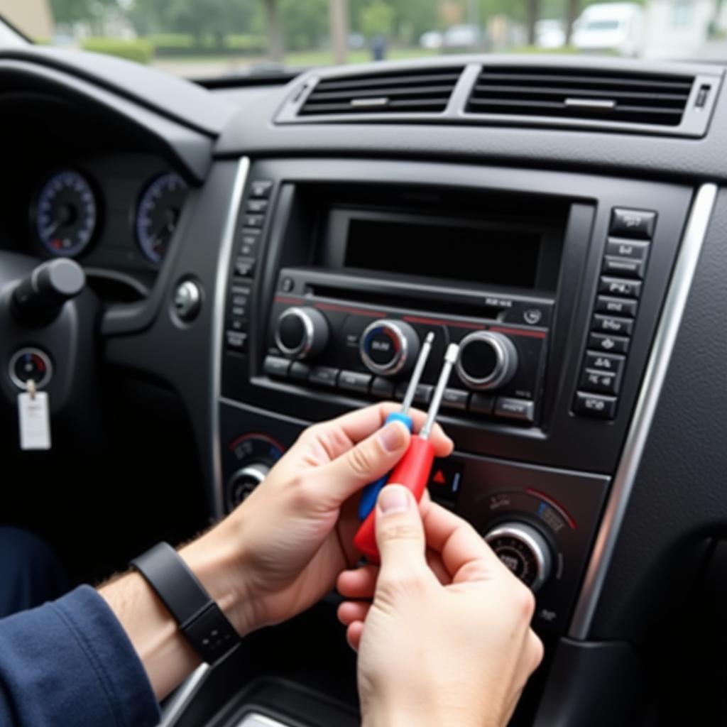 Technician Using Car Radio Removal Tools on a Car Dashboard