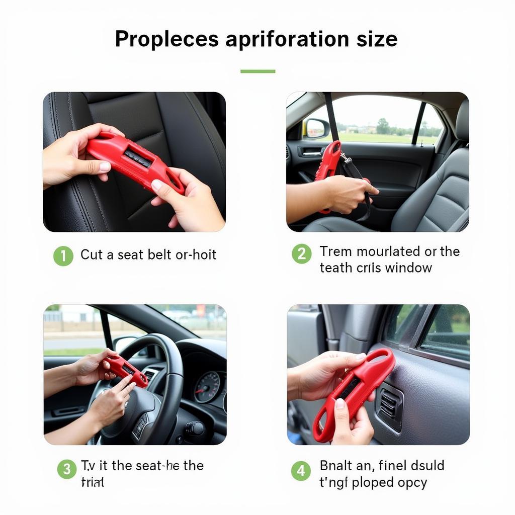 Demonstration of using a car safety tool to cut a seatbelt and break a car window