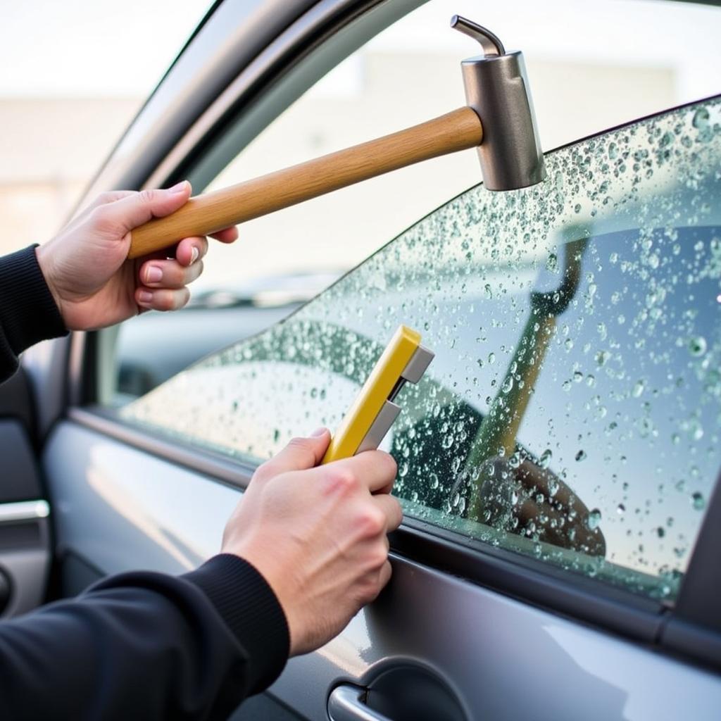 Using an emergency hammer to break a car window