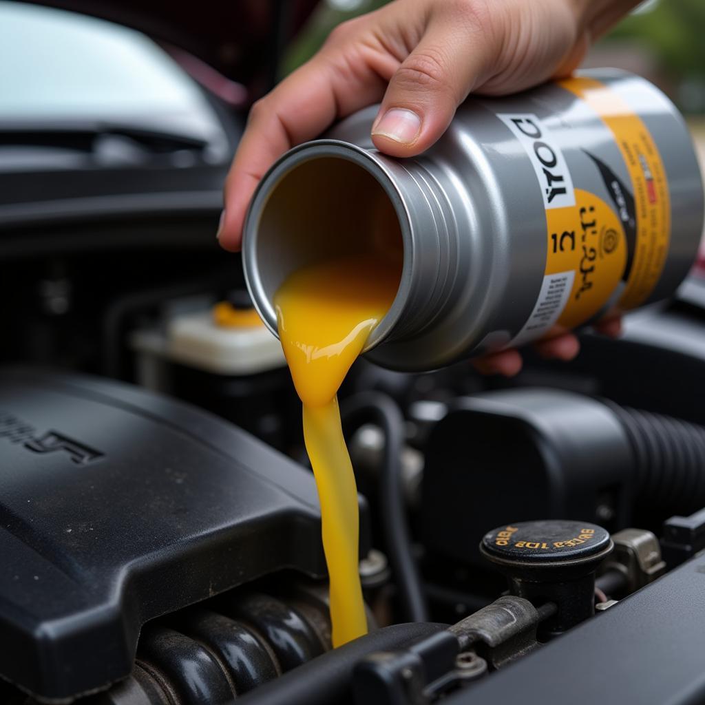 Pouring New Car Oil Using a Funnel