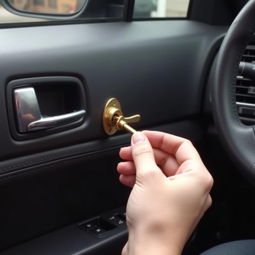 A person carefully using a goldfinger car tool to unlock a car door.