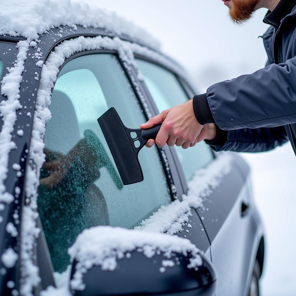 Removing ice from a car window using an ice scraper.