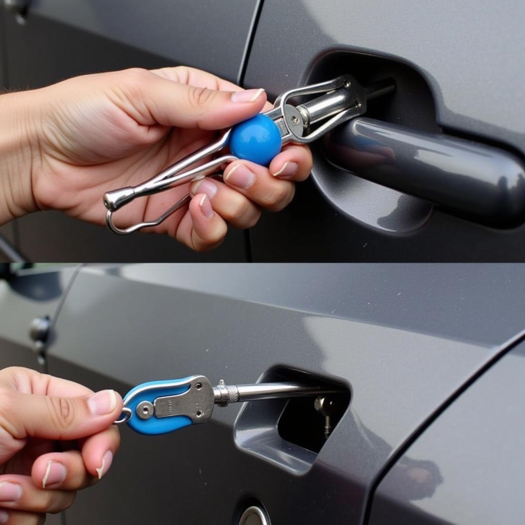 A locksmith using the little max long reach tool to open a locked car door