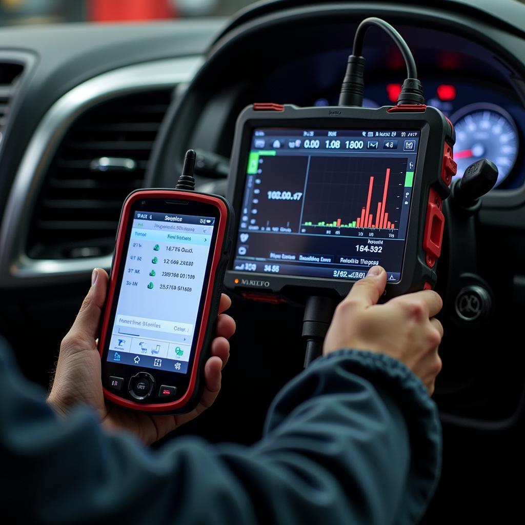 Mechanic Analyzing Live Data on a Diagnostic Scanner