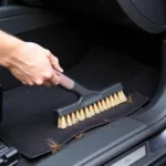 A person using a rubber brush to effectively remove dog hair from car carpeting.