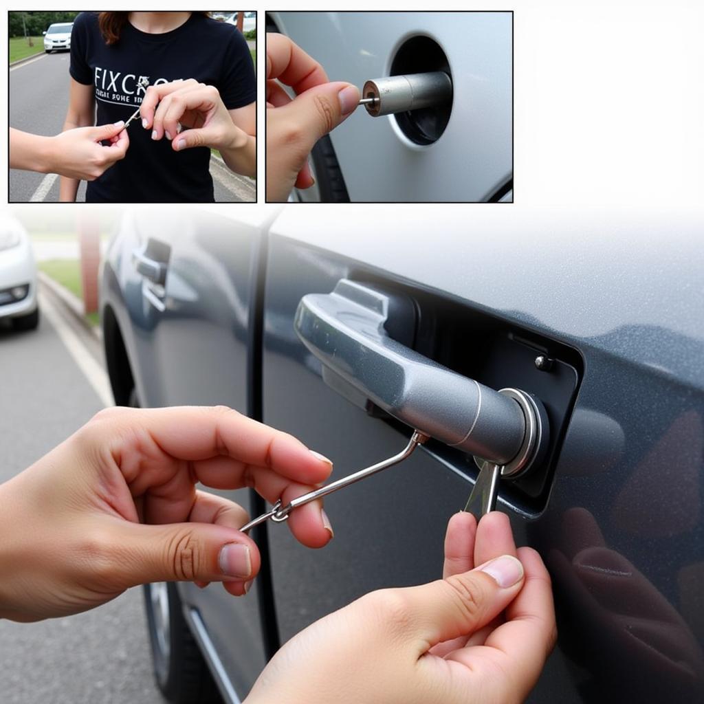 Using a wedge and reach tool to unlock a car door.