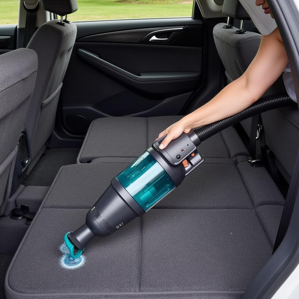 Vacuuming car carpet with a pet hair attachment