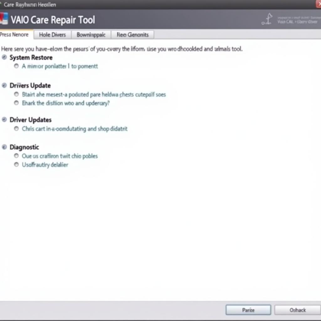 VAIO Care Repair Tool Interface