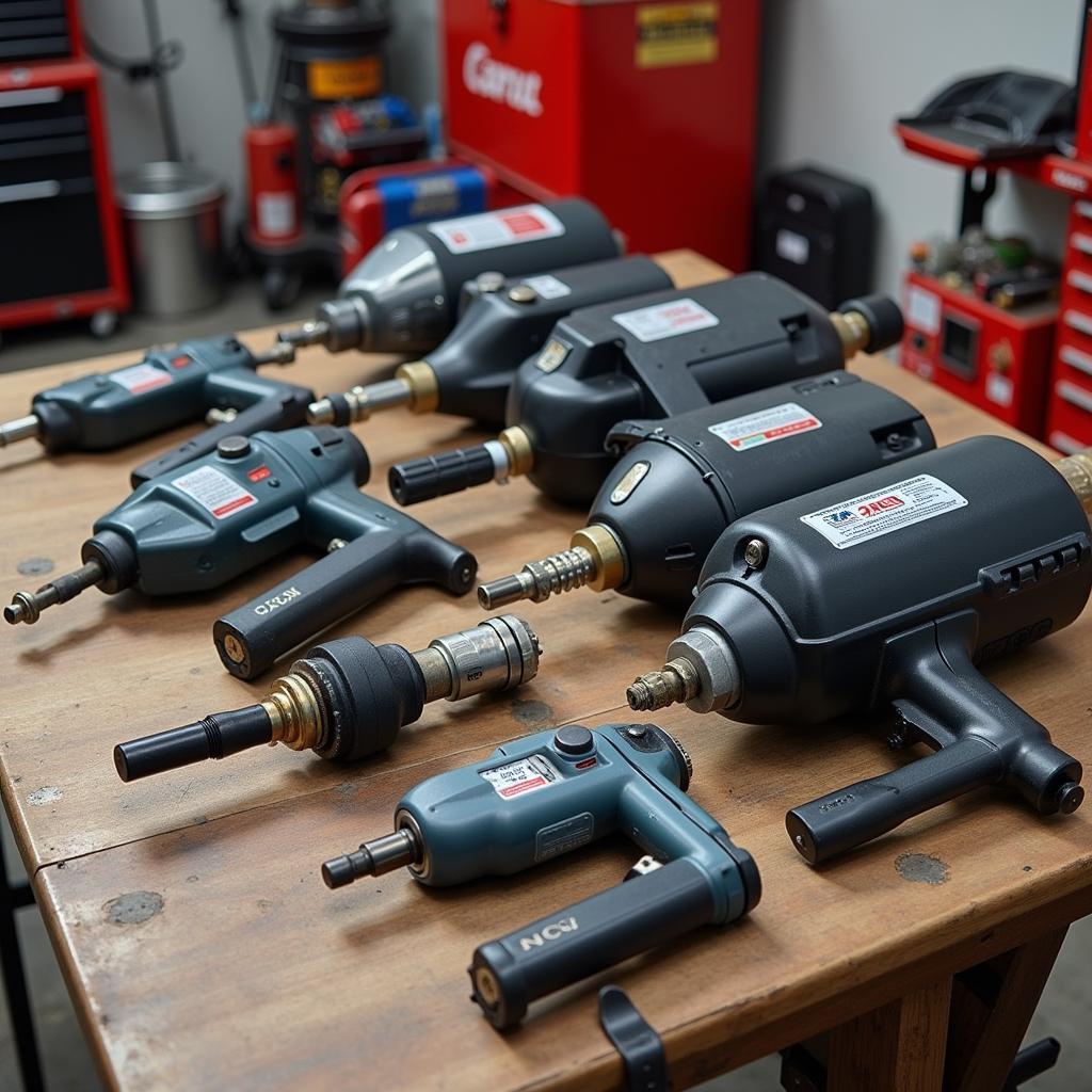 An assortment of pneumatic tools, including impact wrenches, air ratchets, and die grinders, neatly arranged on a workbench in a garage setting.