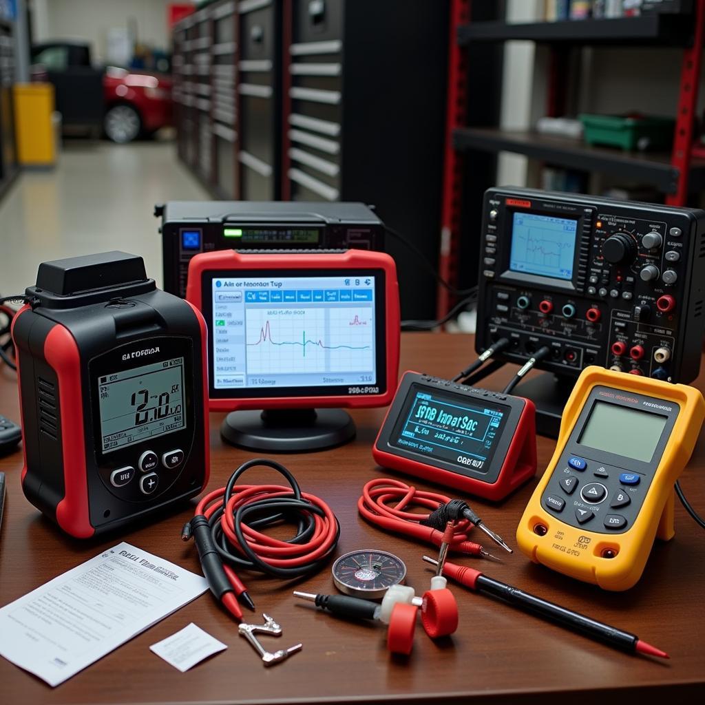 Different types of car diagnostic tools displayed on a workbench