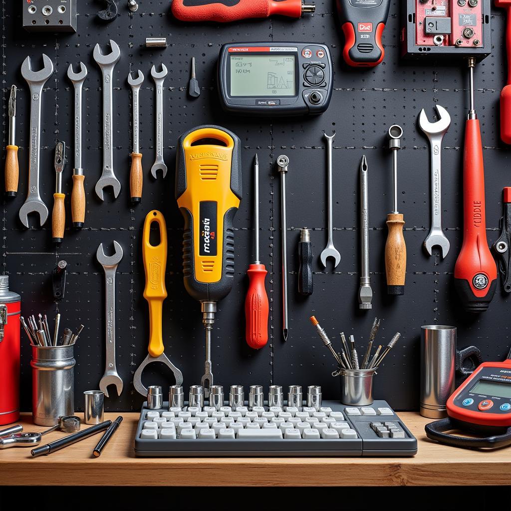 Various Car Garage Tools Organized on a Workbench