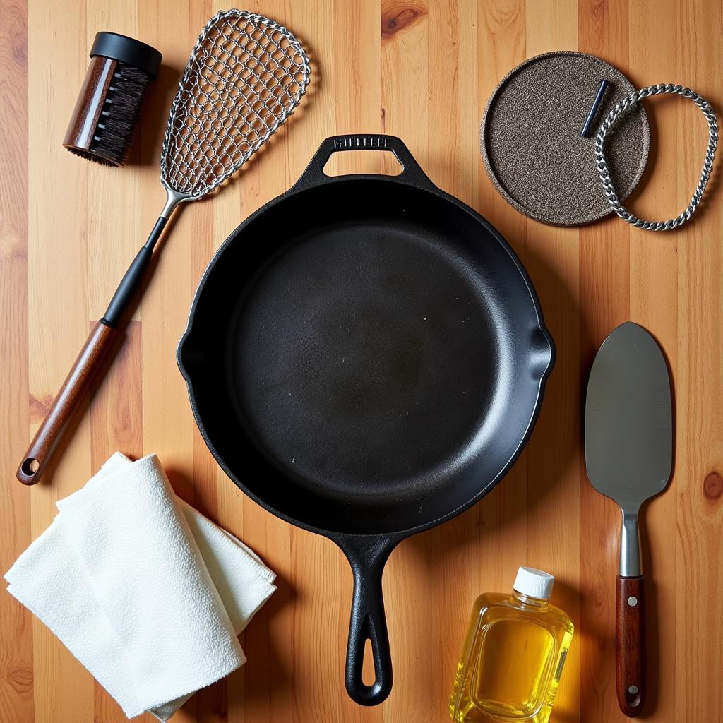 Essential cast iron skillet care tools neatly arranged on a wooden table