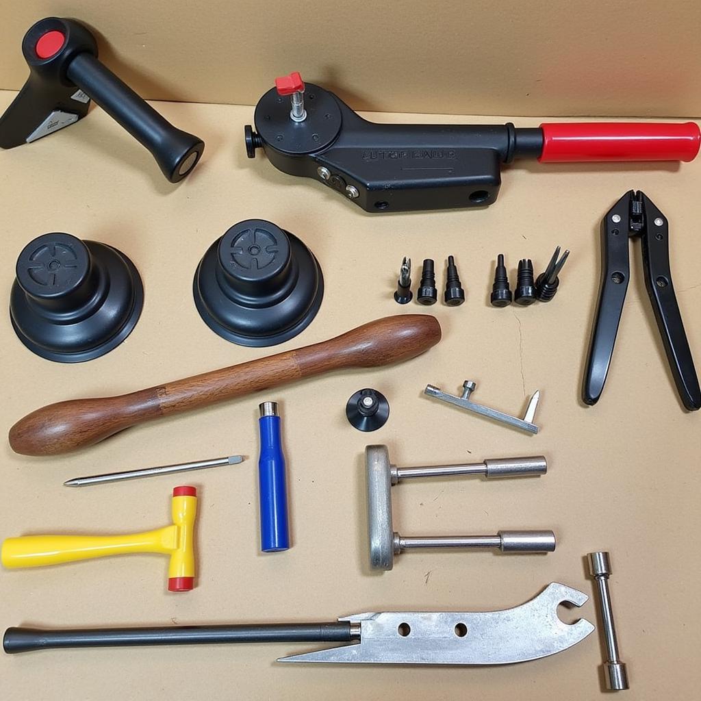 An assortment of tools used for popping out car dents, including suction cups, glue pullers, and slide hammers.