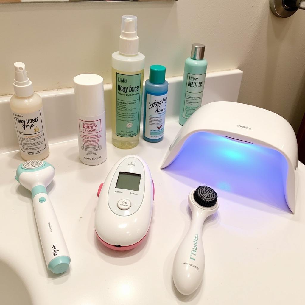 Various Home Skin Care Tools on Bathroom Counter