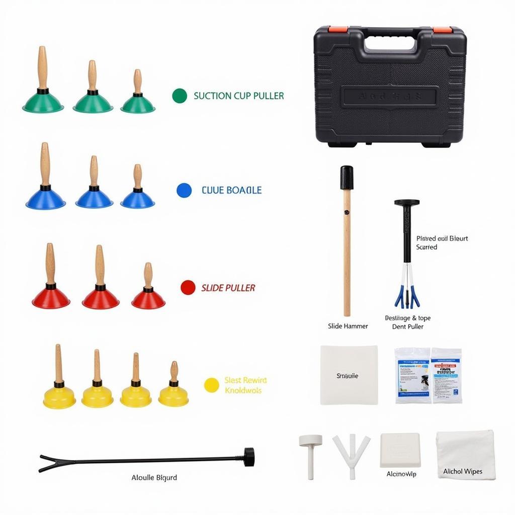 Different types of instant car dent repair tools and accessories arranged neatly in a tool kit.