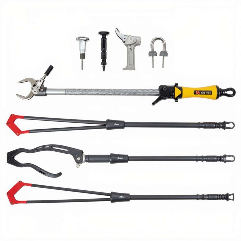 A variety of little max long reach tools and accessories displayed on a workbench