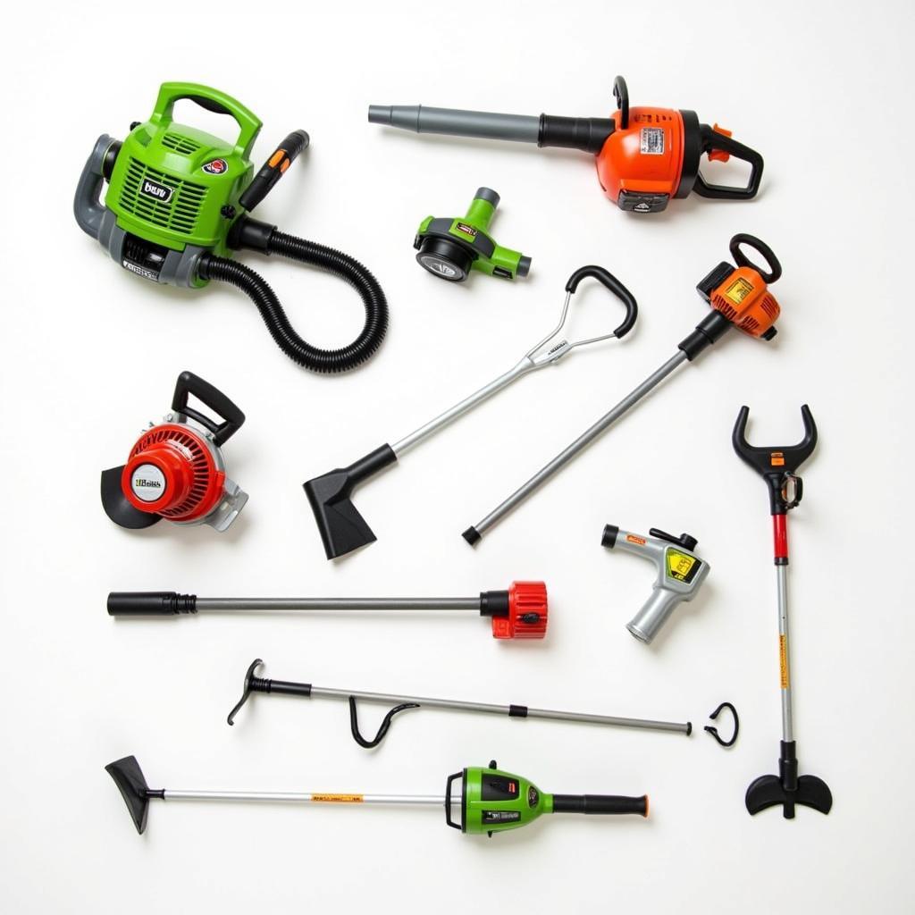 Various multitasking yard tools laid out on grass, showcasing their versatility.