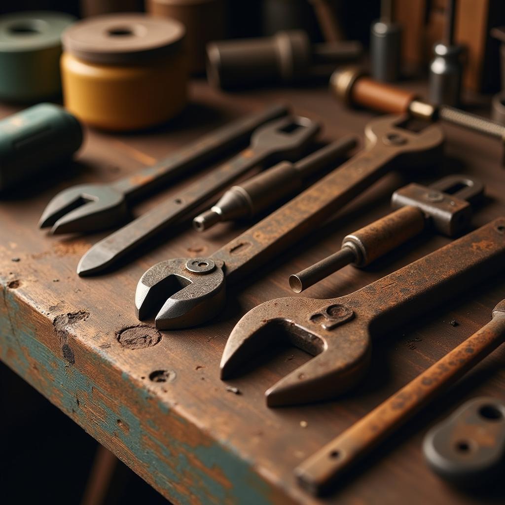 Vintage Car Mechanic Tools Arranged on a Wooden Workbench