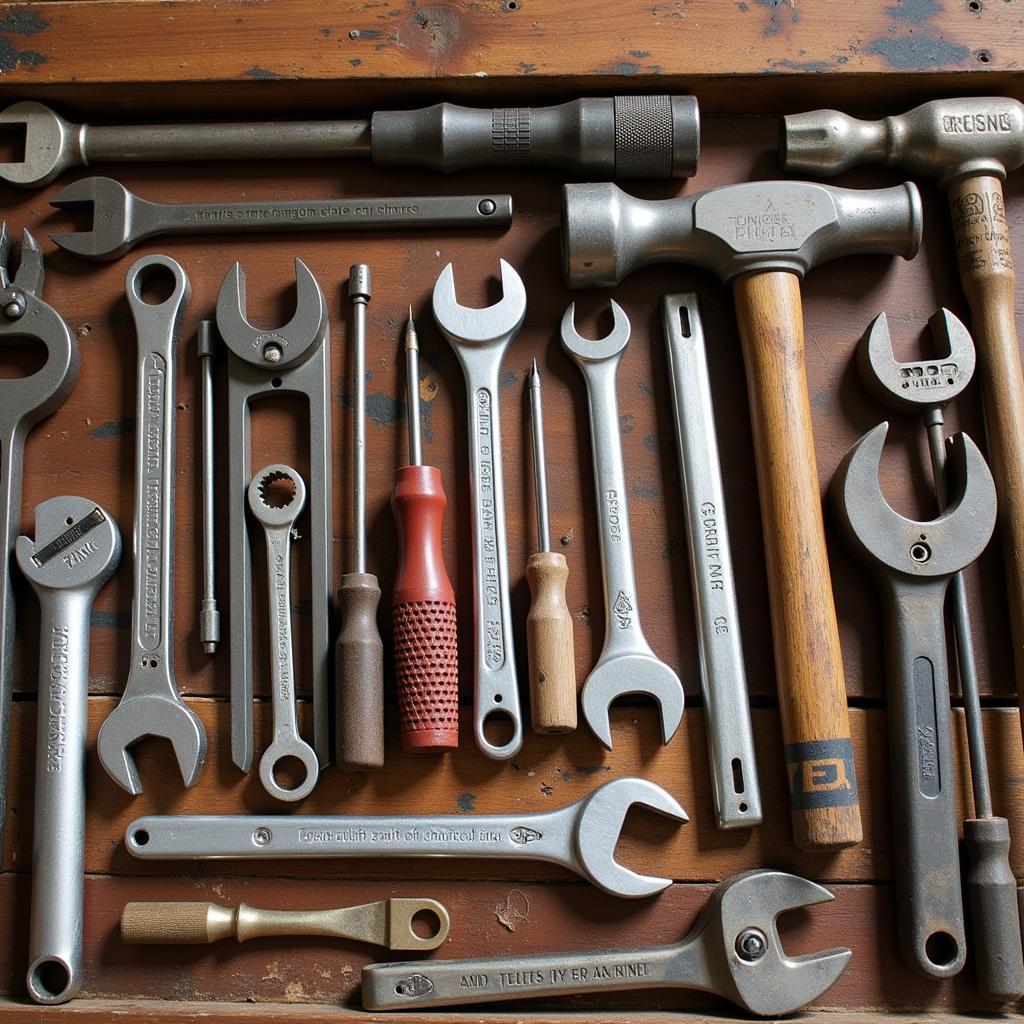 A collection of vintage car tools laid out on a workbench, showcasing a variety of wrenches, screwdrivers, and specialized tools.