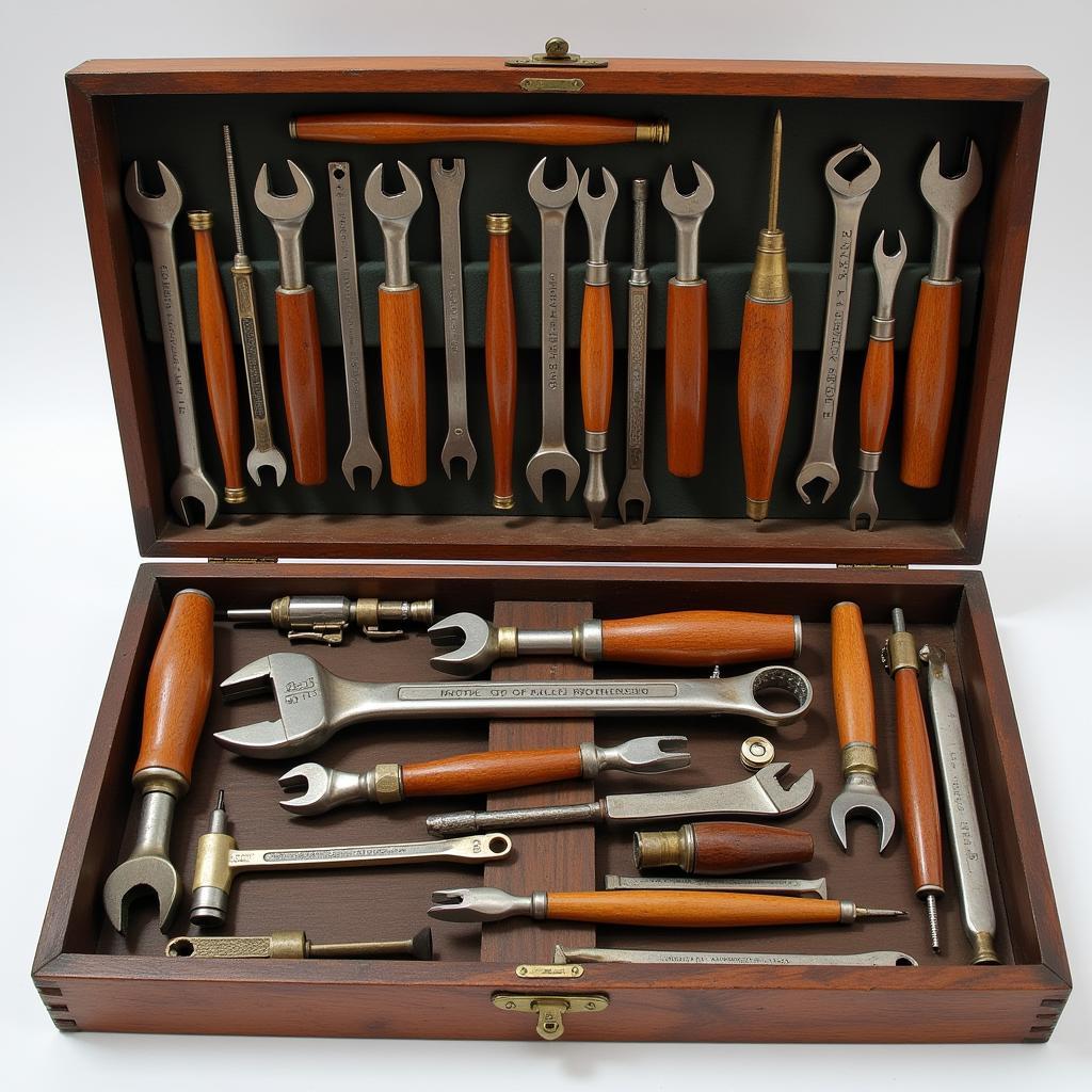 Vintage car tool set displayed in a wooden box, showcasing the craftsmanship and quality of tools from a bygone era.