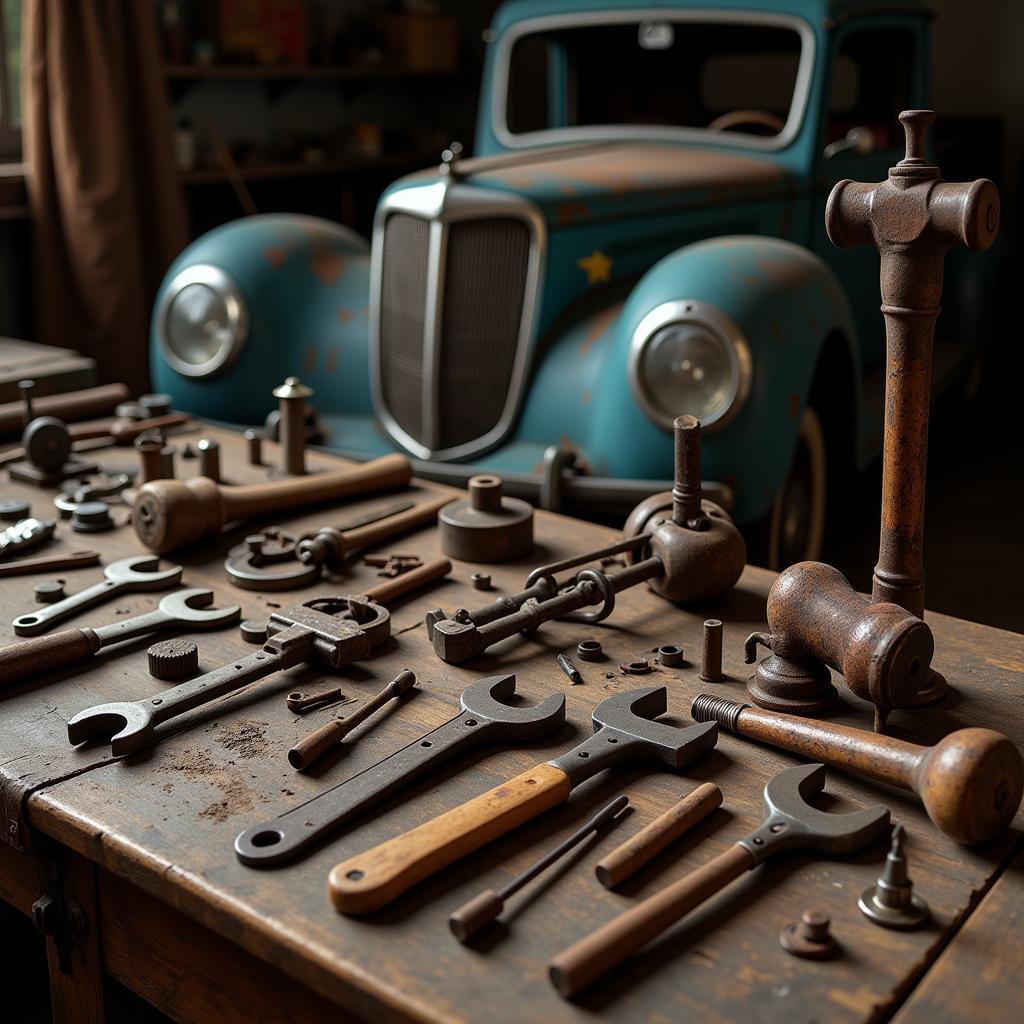 Vintage Car Tools on Workbench in Garage