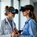 Doctor using VR headset with patient for interactive therapy