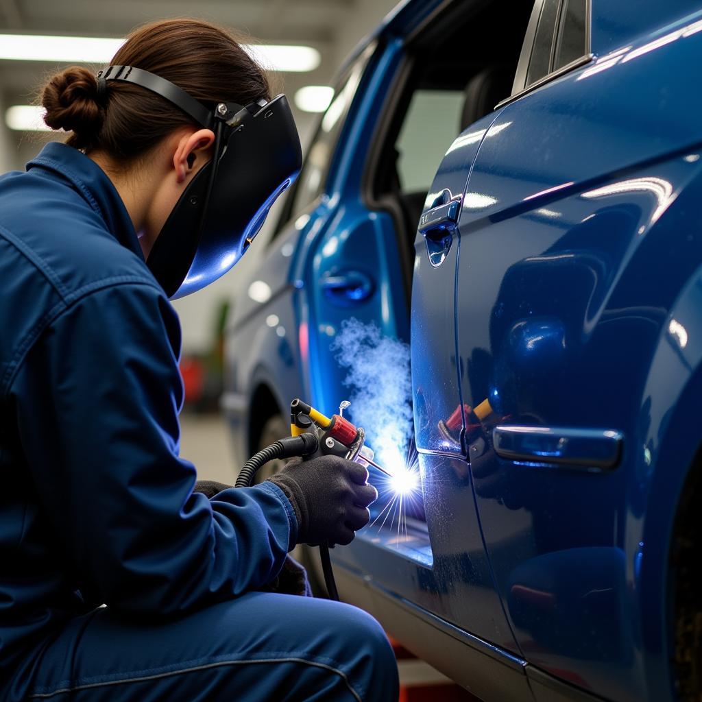 Welding tools used in car collision repair