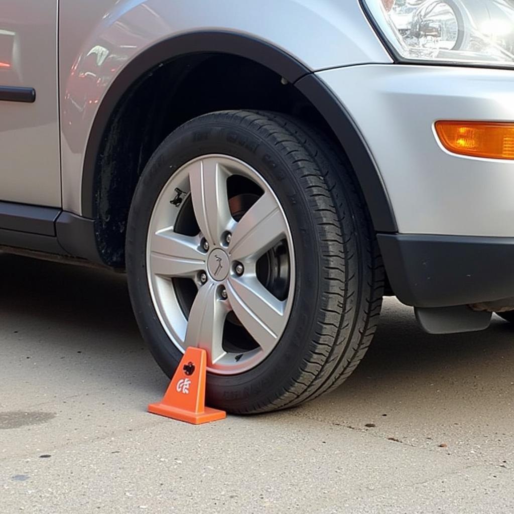 Wheel chocks securing a vehicle during a tyre change