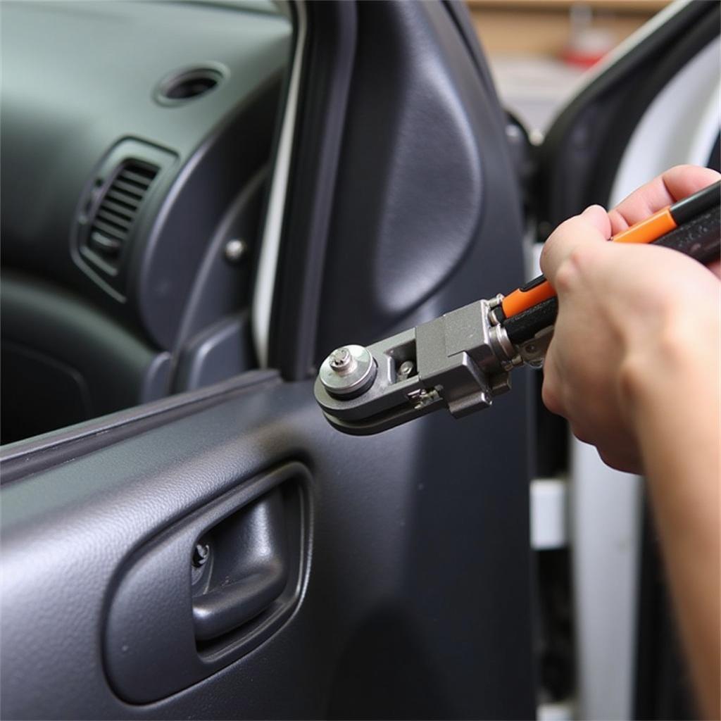 Technician Using a Window Regulator Winder Tool to Manually Crank a Car Window