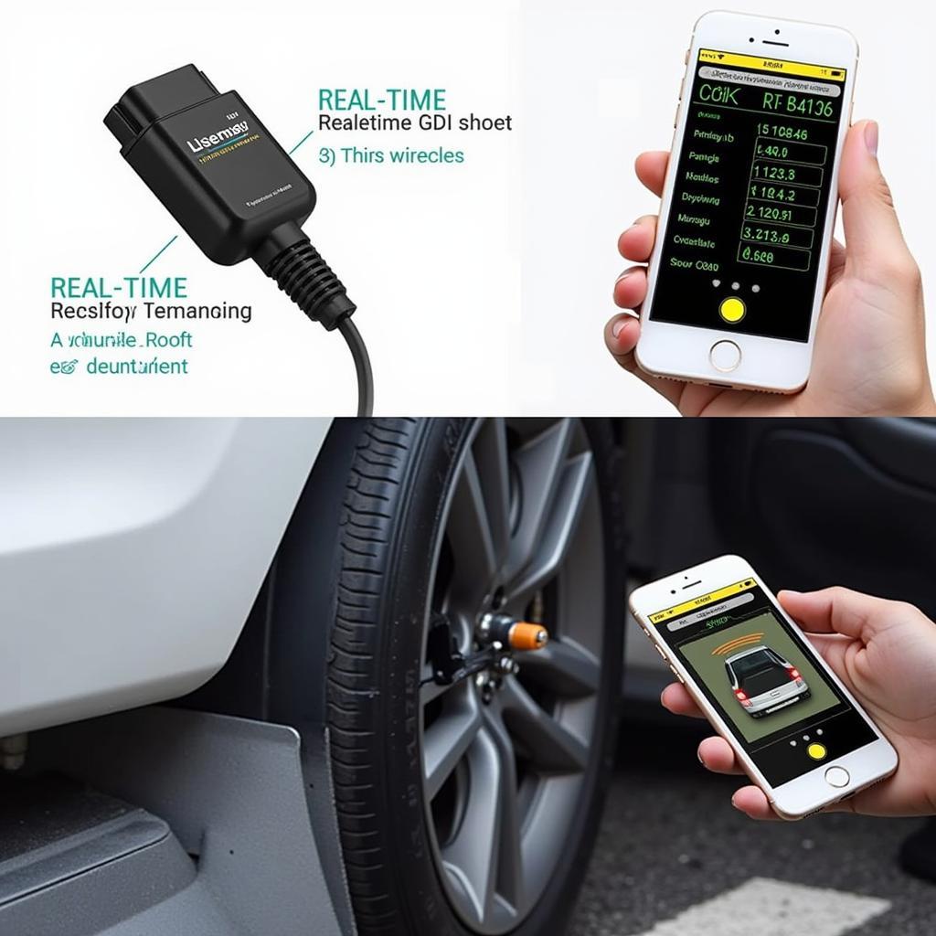 Wireless car diagnostic tool connected to a smartphone displaying vehicle data