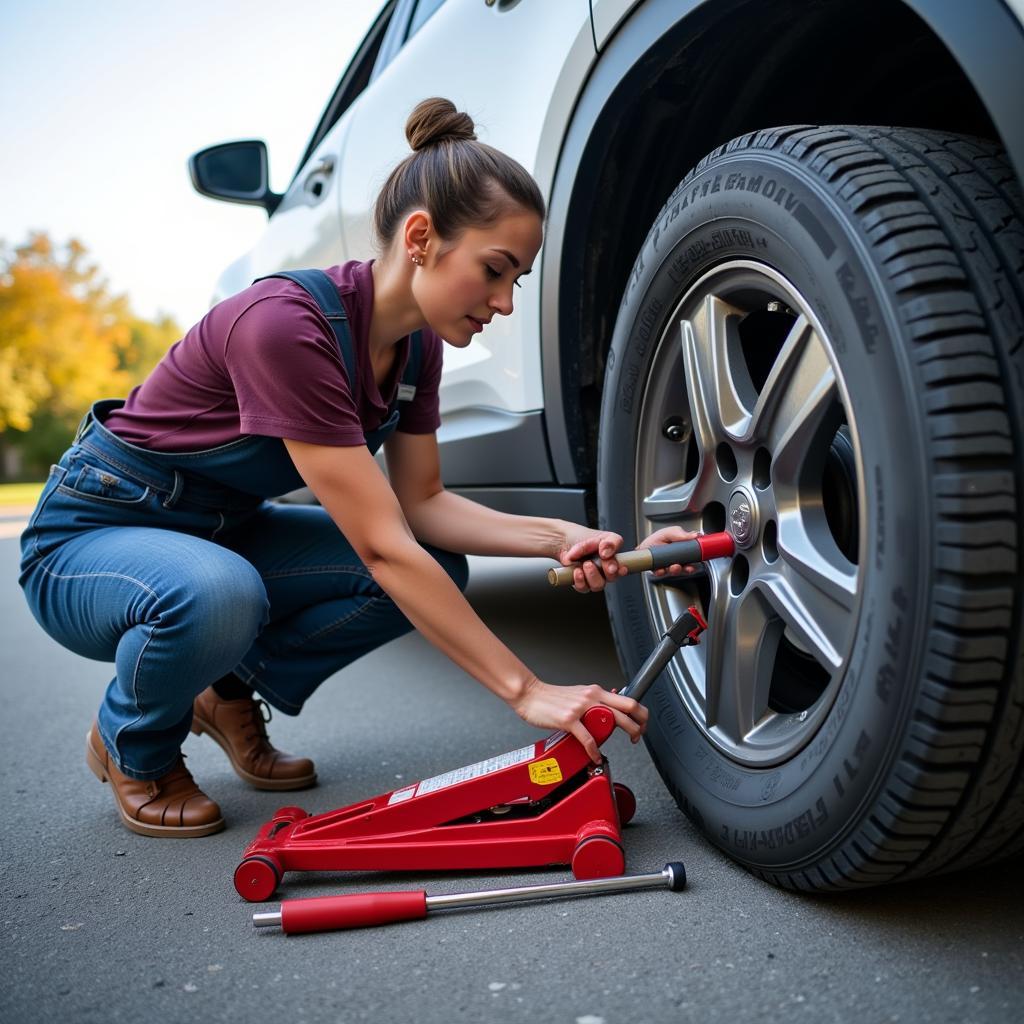 Woman Changing a Tire