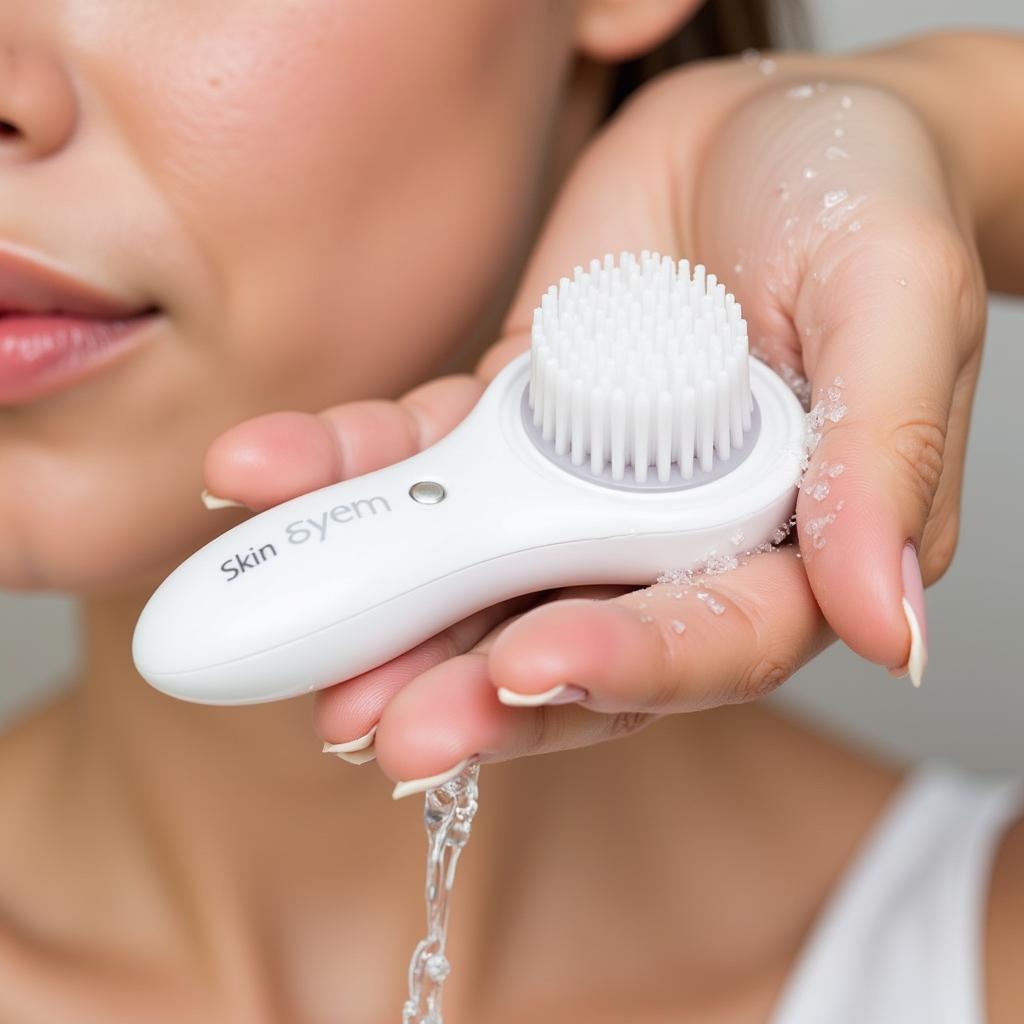 Woman cleaning her facial cleansing brush for hygiene