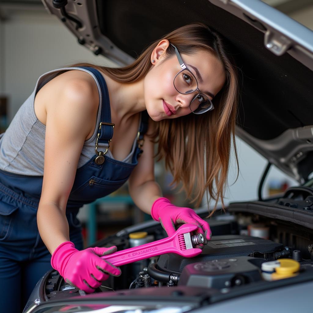 Woman Performing Car Maintenance Using Girly Car Tools