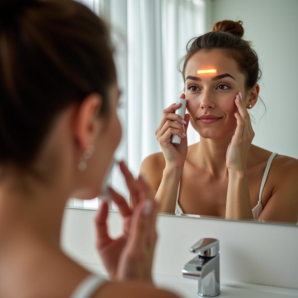 Woman analyzing her skin with a diagnostic device