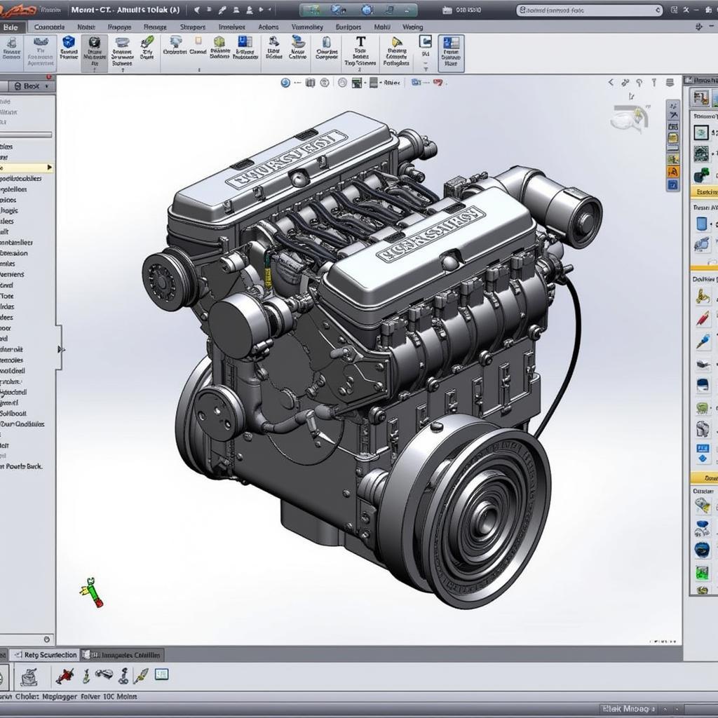 3D modeling software displaying a detailed car engine design in a virtual environment