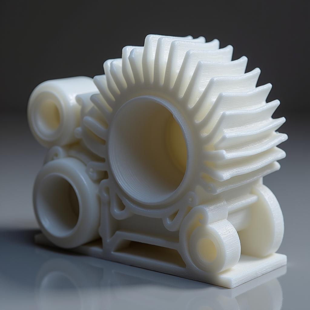 A 3D-printed prototype of a car engine component, showcasing the layer-by-layer construction process