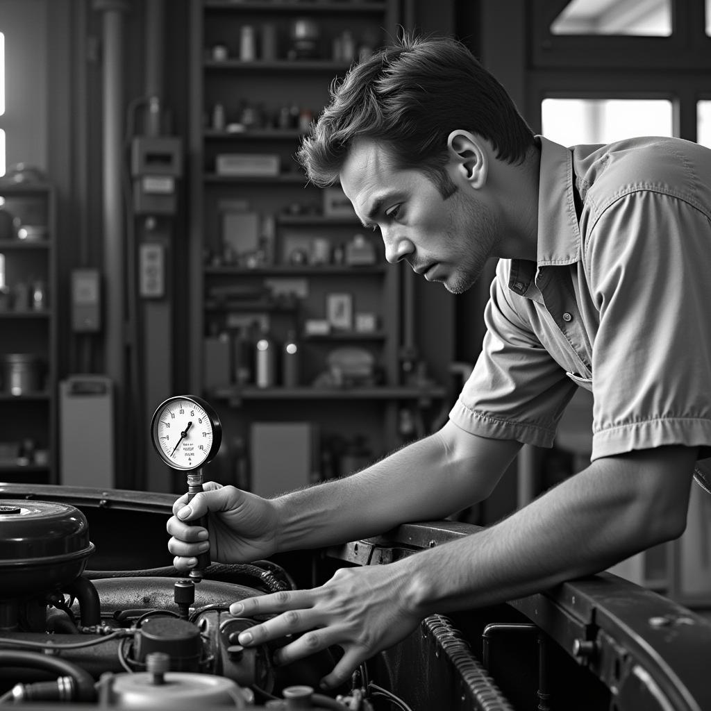 Diagnostic Tools in Action: Mechanic Using a Vacuum Gauge in the 1960s